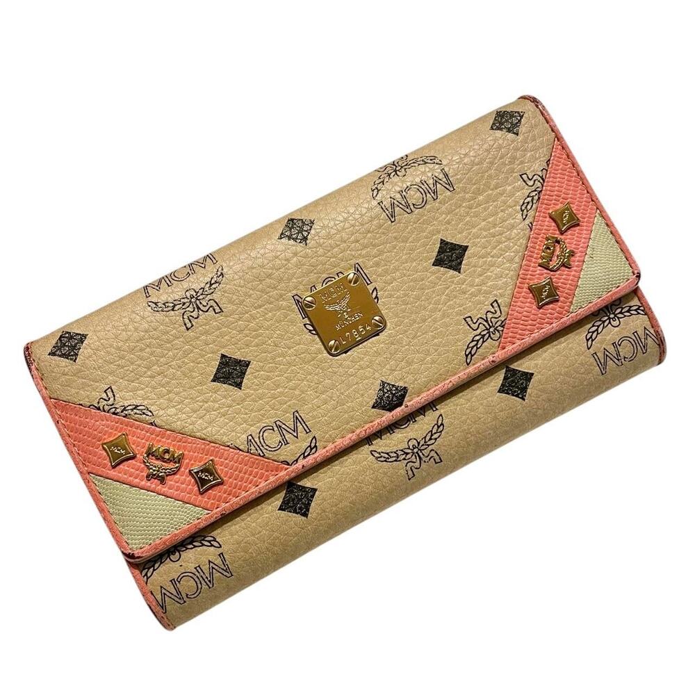 Authentic VTG MCM Monogram Visetos Lizard Continental Trifold Wallet Pink/Beige